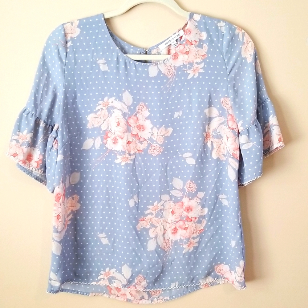 ROSE + OLIVE Blue Floral Polka Dot Ruffle Sleeve Blouse (S)